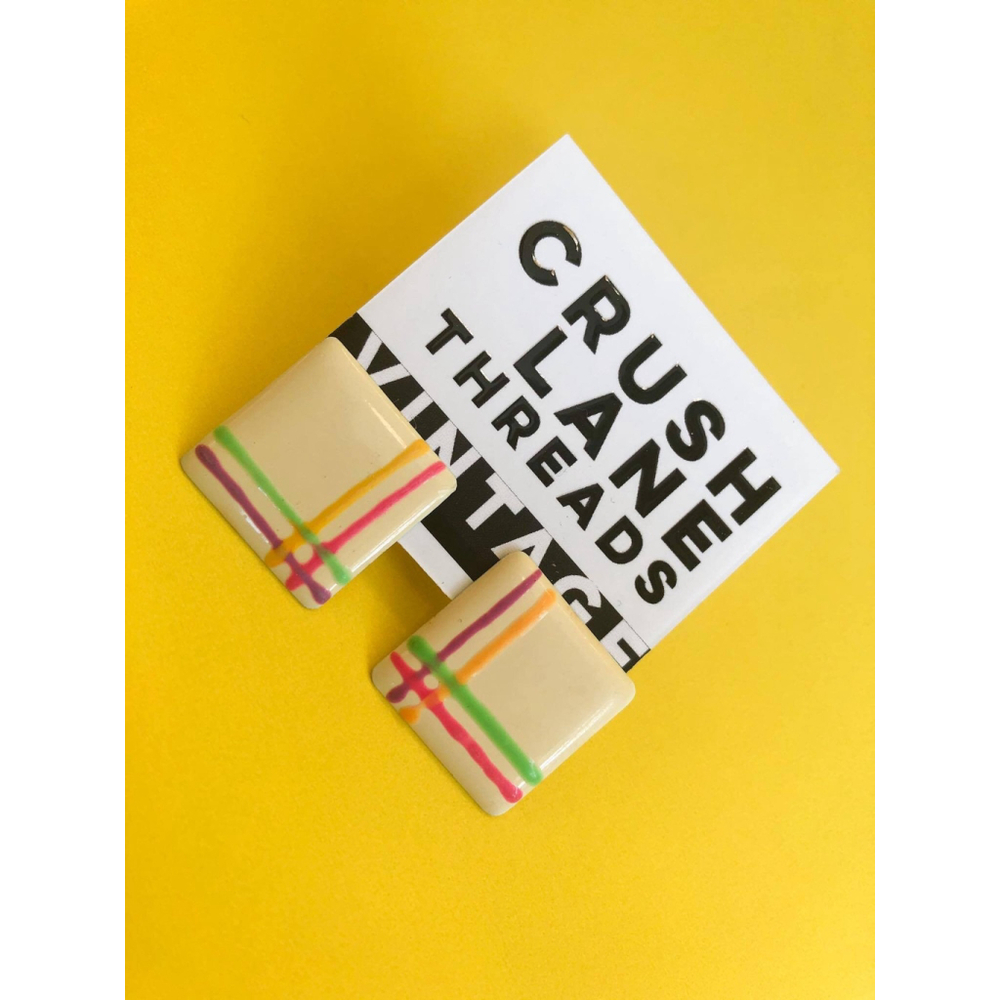 Square Enamel Earrings with Neon Stripes